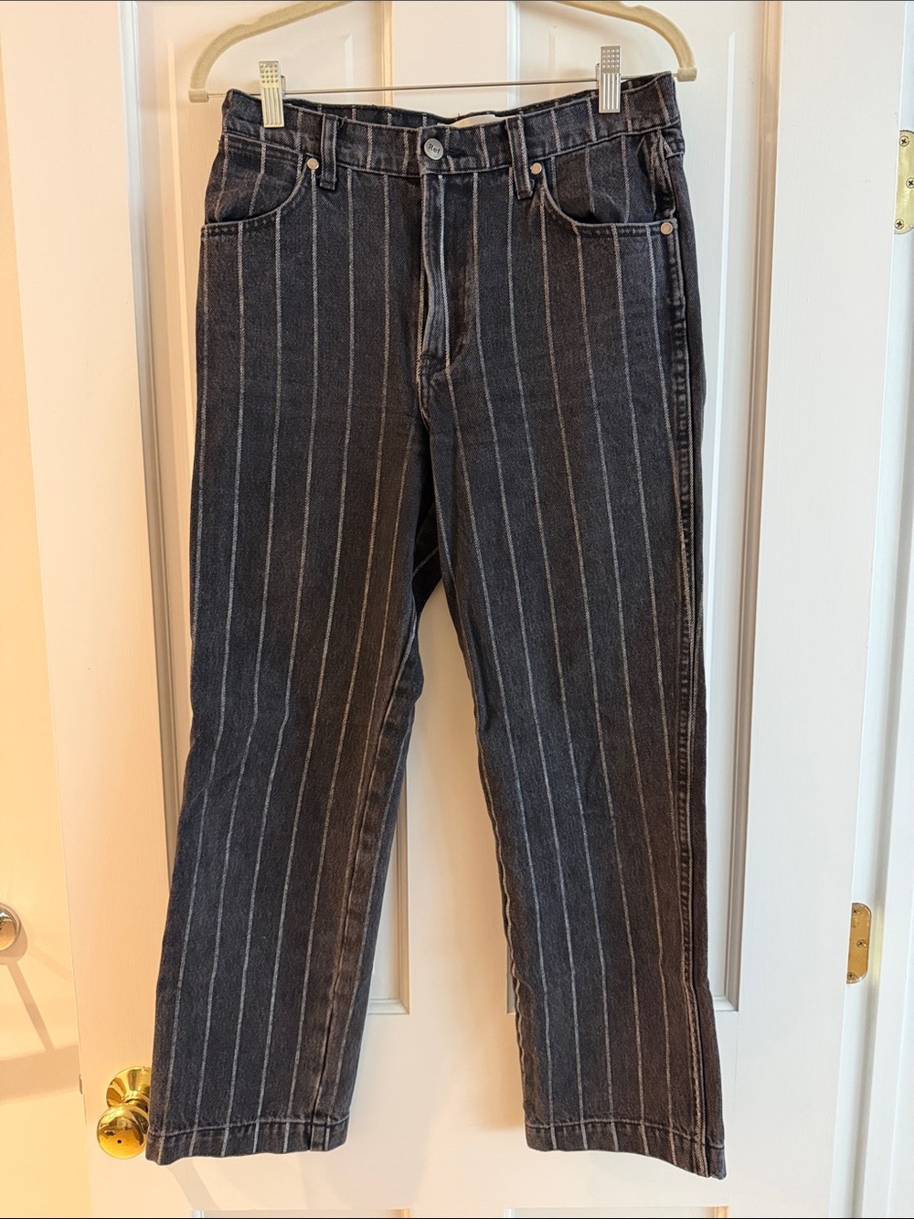 Reformation Women’s black Jeans with White Pinstripes